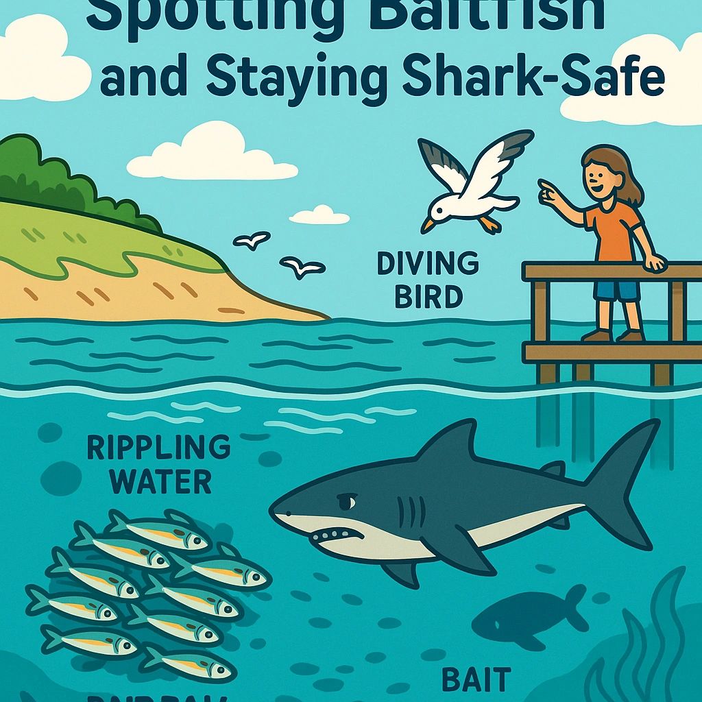 Colorful cartoon illustration showing how to spot baitfish and avoid sharks, featuring signs like rippling water, diving birds, and bait balls — a playful, educational tool for ocean safety.