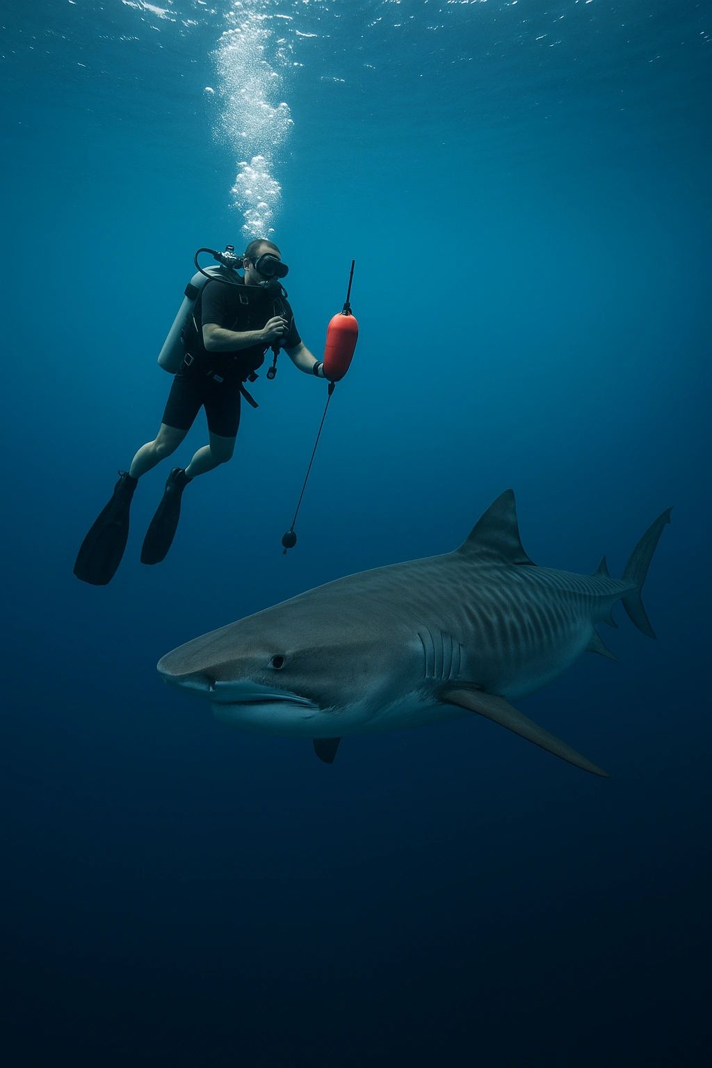 The Lost Diver and the Tiger Shark Below