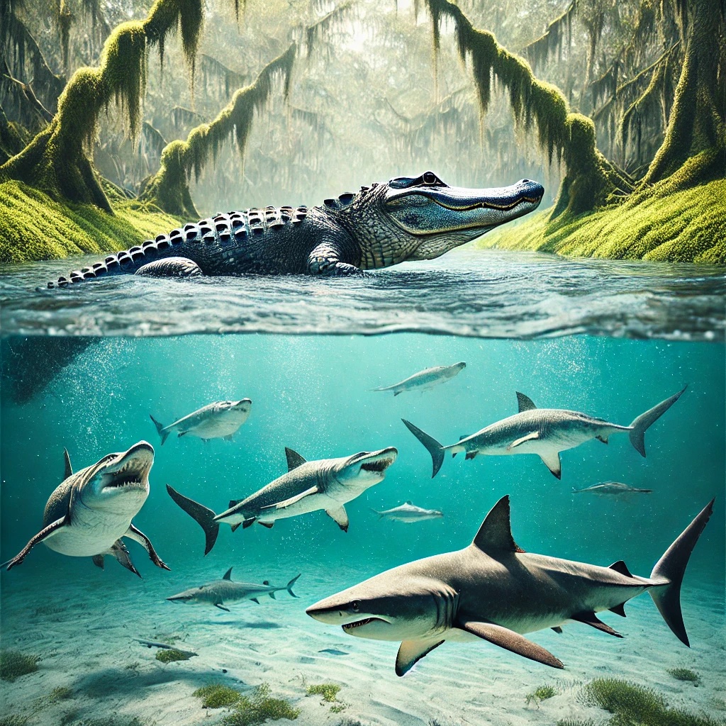 A waterline scene — an alligator above the surface and sharks gliding below in a Florida spring